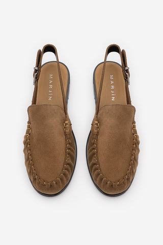 Kadın Hakiki Deri Önü Kapalı Büzgülü Loafer Günlük Sandalet Barseli - Camel Süet