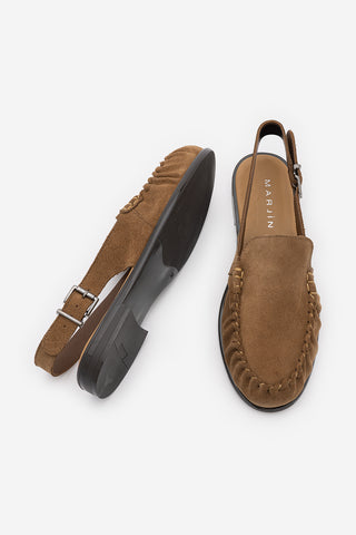Kadın Hakiki Deri Önü Kapalı Büzgülü Loafer Günlük Sandalet Barseli - Camel Süet
