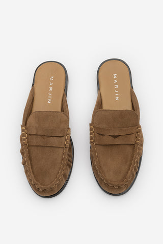 Kadın Hakiki Deri Önü Kapalı Büzgülü Loafer Günlük Terlik Calista - Camel Süet