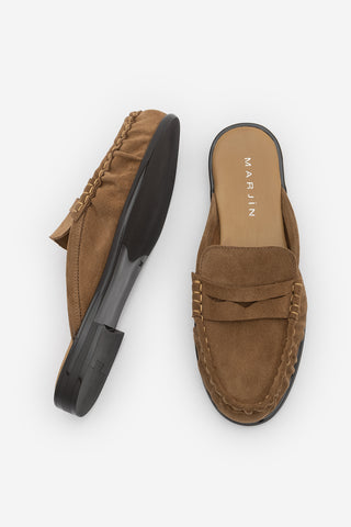 Kadın Hakiki Deri Önü Kapalı Büzgülü Loafer Günlük Terlik Calista - Camel Süet