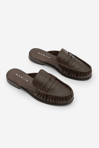Kadın Hakiki Deri Önü Kapalı Büzgülü Loafer Günlük Terlik Calista - Kahve