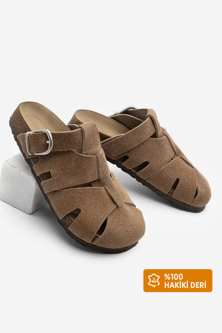 Kadın Hakiki Deri Tokalı Süet Terlik Yolis - Camel Süet