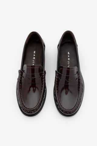 Kadın Hakiki Deri Büzgülü Makosen Loafer Günlük Ayakkabı Ozena - Bordo Rugan