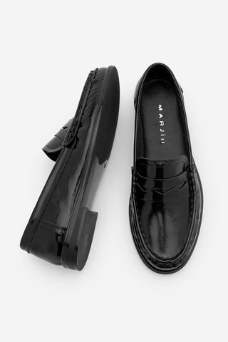 Kadın Hakiki Deri Büzgülü Makosen Loafer Günlük Ayakkabı Ozena - Siyah Rugan