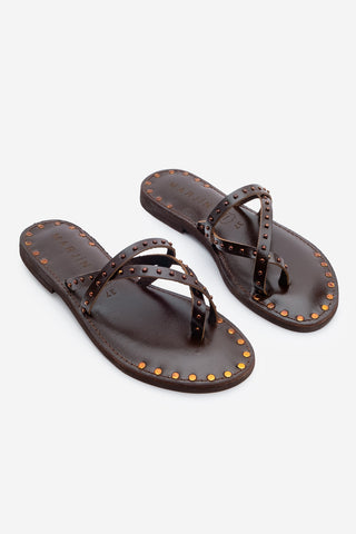 Kadın Hakiki Deri Zımbalı Günlük Terlik Pemora - Kahve