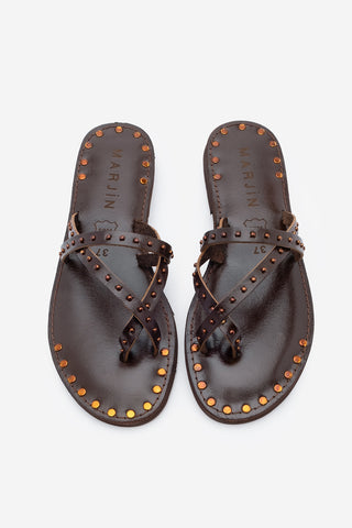 Kadın Hakiki Deri Zımbalı Günlük Terlik Pemora - Kahve