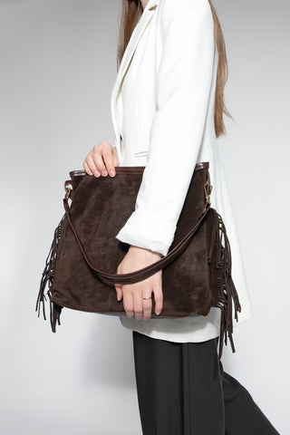 Kadın Hakiki Deri Püsküllü Omuz Çantası Soliga - Kahve Süet