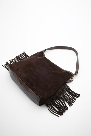 Kadın Hakiki Deri Püsküllü Omuz Çantası Soliga - Kahve Süet