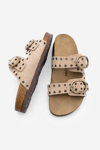 Kadın Hakiki Deri Troklu Süet Terlik Nivor - Bej Süet