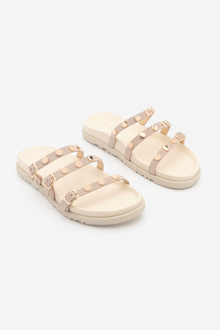 Kadın Hakiki Deri Bantlı Zımbalı Günlük Terlik Zoven - Bej Süet