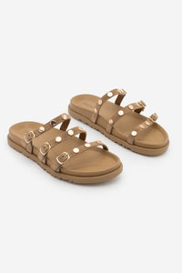 Kadın Hakiki Deri Bantlı Zımbalı Günlük Terlik Zoven - Camel Süet