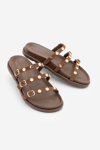 Kadın Hakiki Deri Bantlı Zımbalı Günlük Terlik Zoven - Kahve Süet