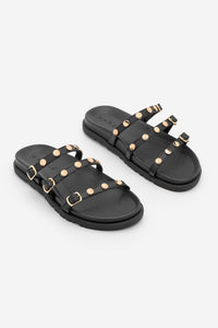 Kadın Hakiki Deri Bantlı Zımbalı Günlük Terlik Zoven - Siyah Altın