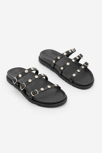 Kadın Hakiki Deri Bantlı Zımbalı Günlük Terlik Zoven - Siyah Gümüş