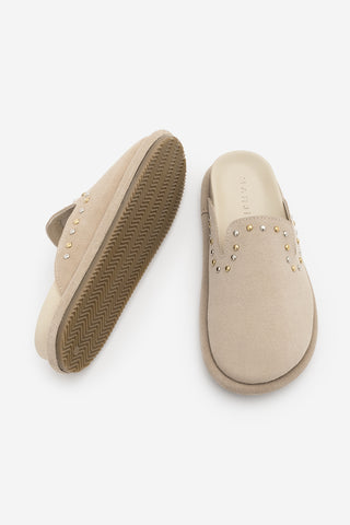 Kadın Hakiki Deri Zımbalı Sabo Günlük Terlik Sufite - Bej Süet