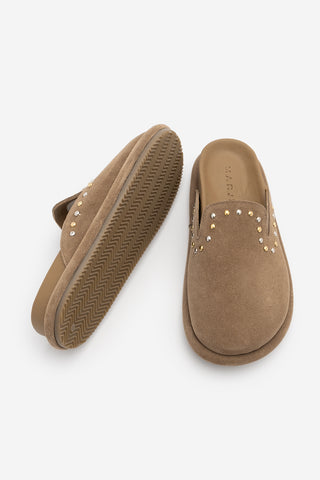 Kadın Hakiki Deri Zımbalı Sabo Günlük Terlik Sufite - Camel Süet