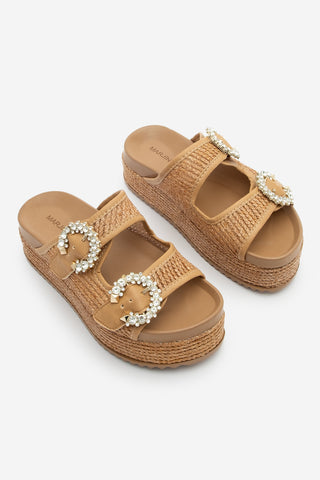 Kadın Taşlı Hasır Günlük Terlik Fivora - Taba Hasır