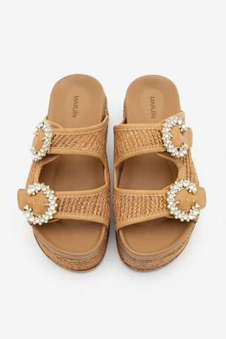 Kadın Taşlı Hasır Günlük Terlik Fivora - Taba Hasır