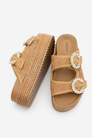 Kadın Taşlı Hasır Günlük Terlik Fivora - Taba Hasır