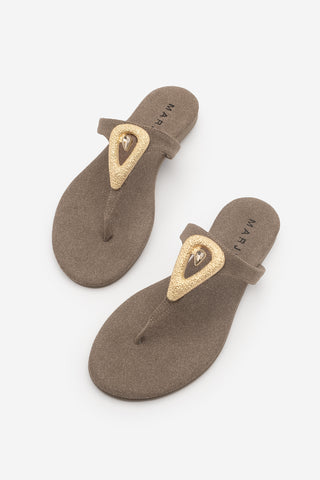 Kadın Parmak Arası Altın Tokalı Taşlı Günlük Terlik Rolin - Vizon Süet