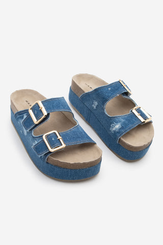 Kadın Kalın Taban Tokalı Günlük Terlik Revana - Lacivert Kot