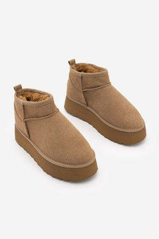 Kadın Kalın Taban İçi Kürklü Bot Tefis - Camel Süet