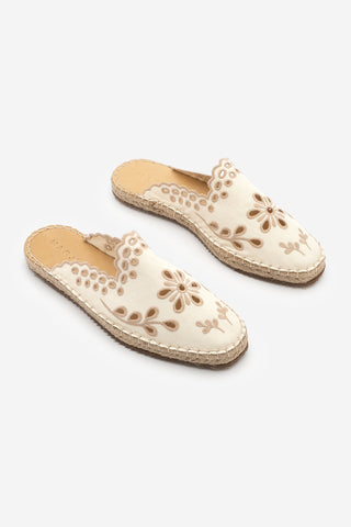 Kadın Nakışlı Jüt Espadril Terlik Talune - Ekru Keten