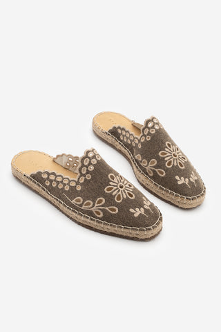 Kadın Nakışlı Jüt Espadril Terlik Talune - Vizon Keten
