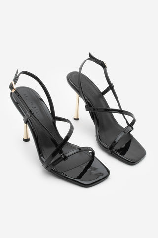 Kadın Küt Burun Bantlı Topuklu Sandalet Yonsa - Siyah Rugan