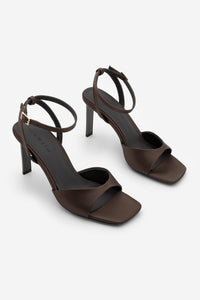 Kadın Küt Burun Topuklu Sandalet Vados - Kahve Saten