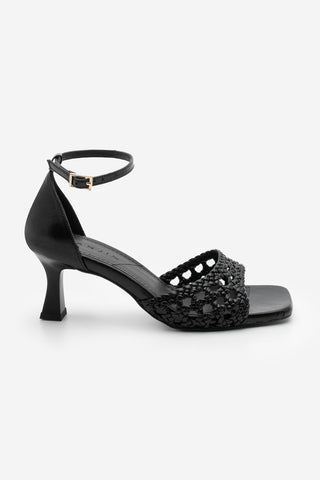Kadın El Örgülü Topuklu Sandalet Lonpe - Siyah