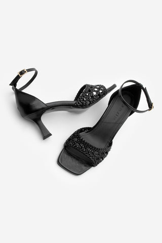 Kadın El Örgülü Topuklu Sandalet Lonpe - Siyah