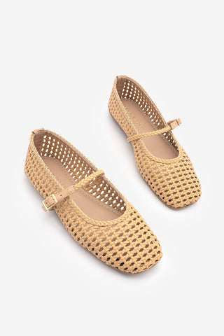 Kadın Küt Burun El Örgüsü Mary Jane Bantlı Babet Liyen - Camel