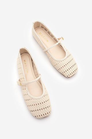 Kadın Küt Burun El Örgüsü Mary Jane Bantlı Babet Liyen - Ekru