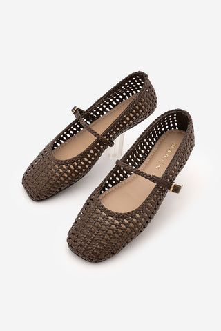 Kadın Küt Burun El Örgüsü Mary Jane Bantlı Babet Liyen - Kahve