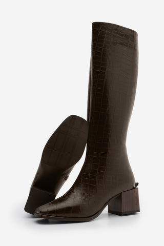 Kadın Küt Burun Kalın Topuklu Çizme Lusso - Kahve Croco
