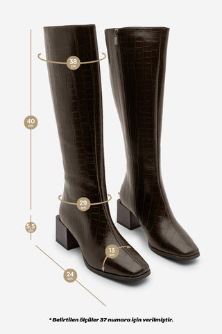 Kadın Küt Burun Kalın Topuklu Çizme Lusso - Kahve Croco