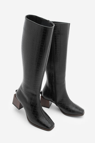 Kadın Küt Burun Kalın Topuklu Çizme Lusso - Siyah Croco