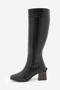 Kadın Küt Burun Kalın Topuklu Çizme Lusso - Siyah Croco