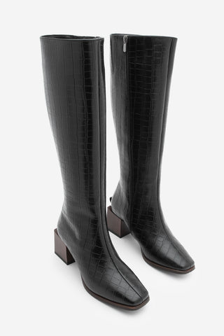 Kadın Küt Burun Kalın Topuklu Çizme Lusso - Siyah Croco