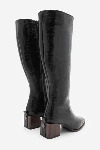 Kadın Küt Burun Kalın Topuklu Çizme Lusso - Siyah Croco