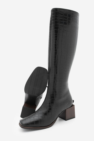 Kadın Küt Burun Kalın Topuklu Çizme Lusso - Siyah Croco