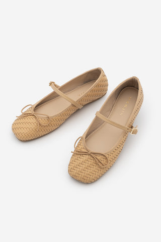 Kadın Küt Burun Fiyonklu Mary Jane Bantlı Örgü Desen Günlük Babet Teyra - Camel