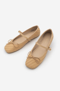 Kadın Küt Burun Fiyonklu Mary Jane Bantlı Örgü Desen Günlük Babet Teyra - Camel