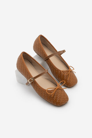 Kadın Küt Burun Fiyonklu Mary Jane Bantlı Örgü Desen Günlük Babet Teyra - Taba