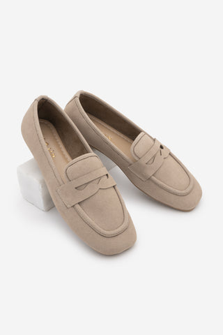 Kadın Küt Burun Günlük Loafer Heviza - Bej Süet