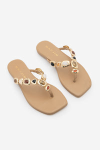 Kadın Küt Burun Tokalı Parmak Arası Günlük Terlik Vakro - Bej