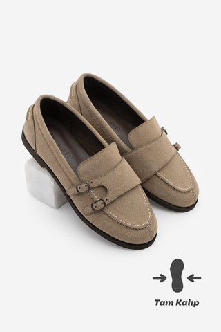 Kadın Loafer Tokalı Çift Bantlı Günlük Ayakkabı Ovora - Bej Süet