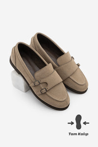 Kadın Loafer Tokalı Çift Bantlı Günlük Ayakkabı Ovora - Bej Süet