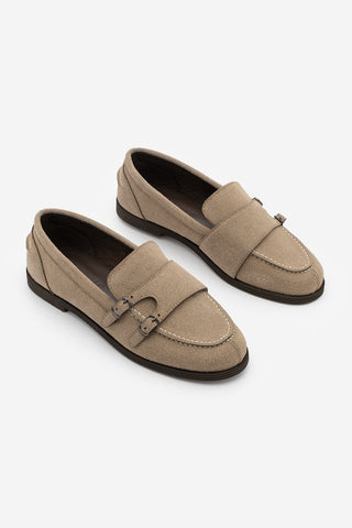 Kadın Loafer Tokalı Çift Bantlı Günlük Ayakkabı Ovora - Bej Süet